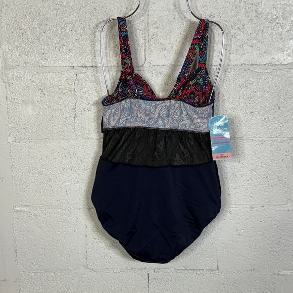 Swim Solutions Women's Printed Tiered One-Piece Swimsuit Navy Multi 8 MSRP $99 - Picture 10 of 13